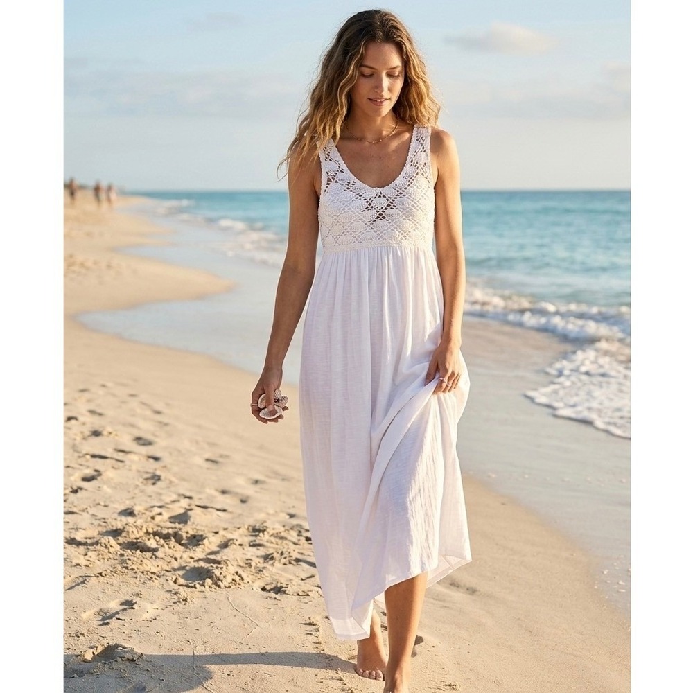 Aerie Crochet Bodice Maxi Dress Womens XL White Boho Beach Cover Up Pockets NWT